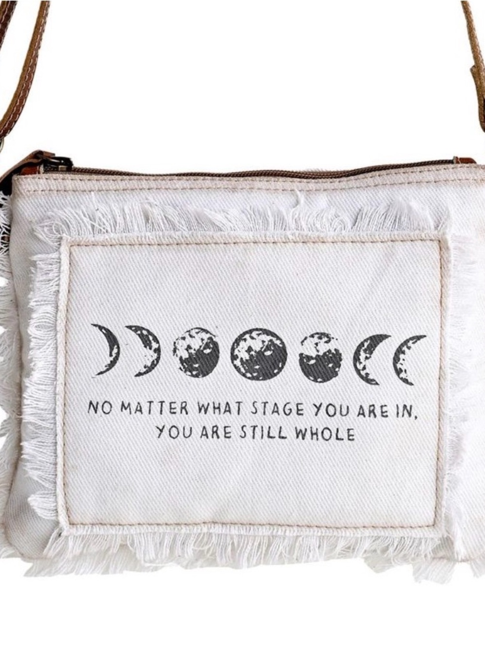 Women’s White Canvas Fringe Crossbody Bag with Moon Phase Graphic